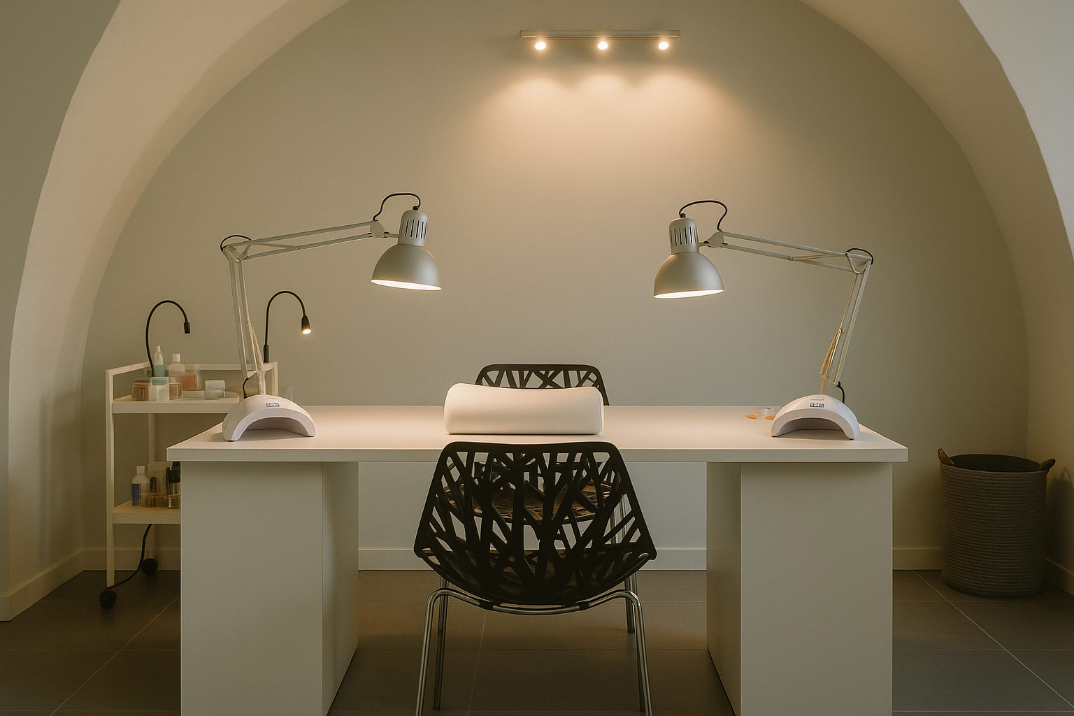 Salon Pia Esthétique : une table de travail avec deux lampes, trois sets de vernis, deux lampes UV et un repose-main. Deux chaises — une pour la cliente et une pour Clara. À gauche, derrière la table, un chariot avec les outils de travail.
